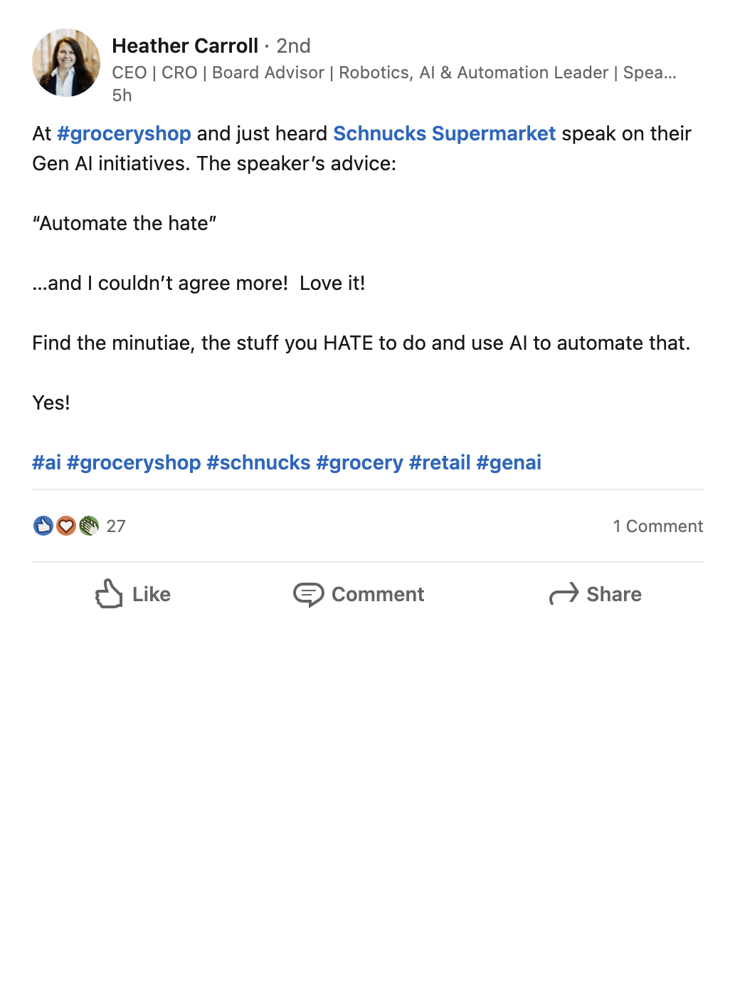 At hashtag#groceryshop and just heard Schnucks Supermarket speak on their Gen AI initiatives.