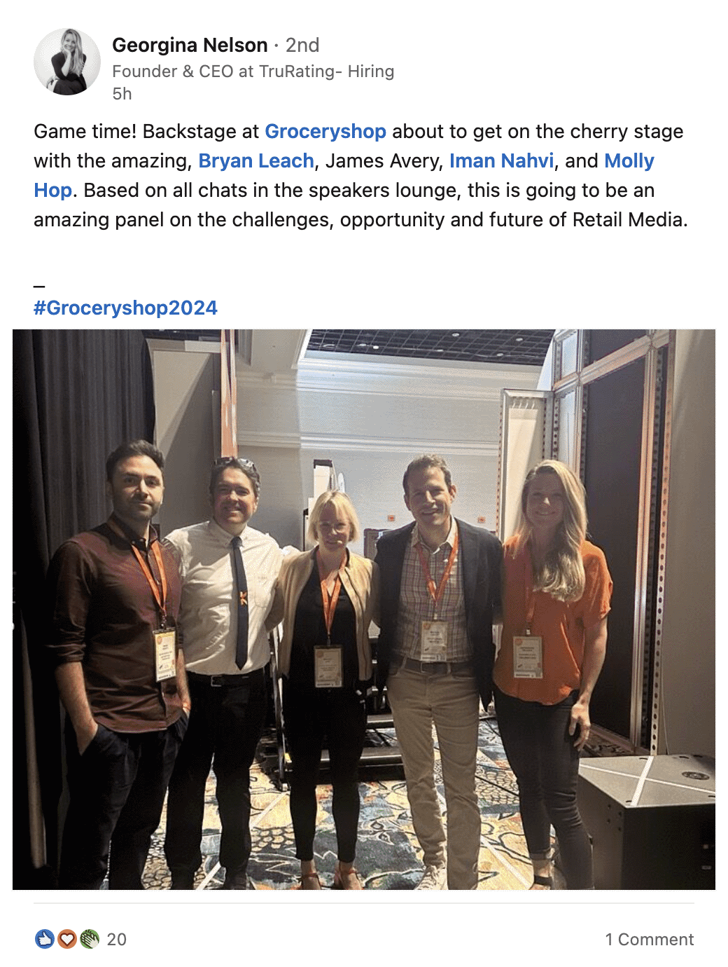 Game time! Backstage at Groceryshop about to get on the cherry stage with the amazing, Bryan Leach, James Avery, Iman Nahvi, and Molly Hop. Based on all chats in the speakers lounge, this is going to be an amazing panel on the challenges, opportunity and future of Retail Media.